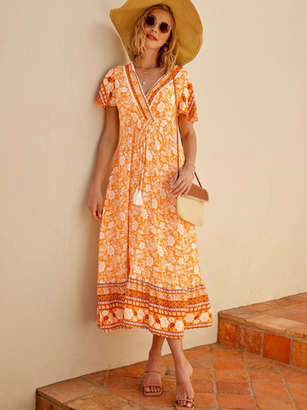 Honopu V-neck Bell Sleeve Tassel A-
Shape Dress